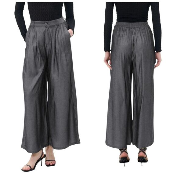 S.Deer Airy Elastic Waist Wide-Leg Chambray Dark Blue Pleated Front Trousers XXL - Picture 1 of 6